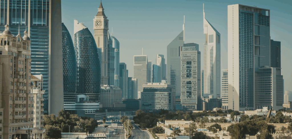 Modern Dubai skyline with skyscrapers and luxurious high-rise buildings.